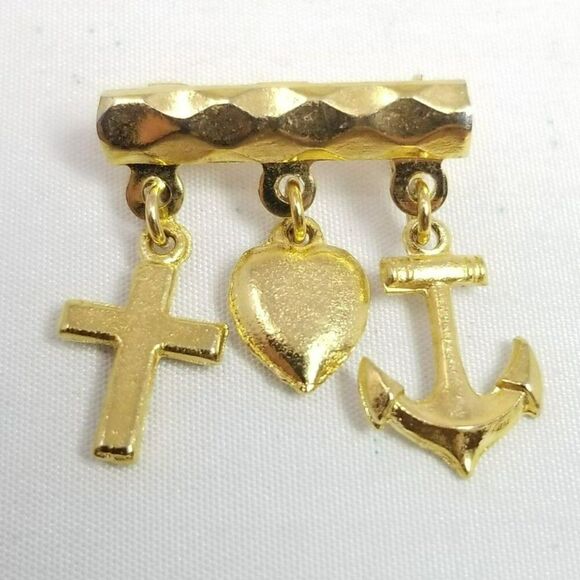 Vintage Anchor Heart Cross Charm Brooch, Gold Tone, Faith Hope Love, Religious - Picture 1 of 8